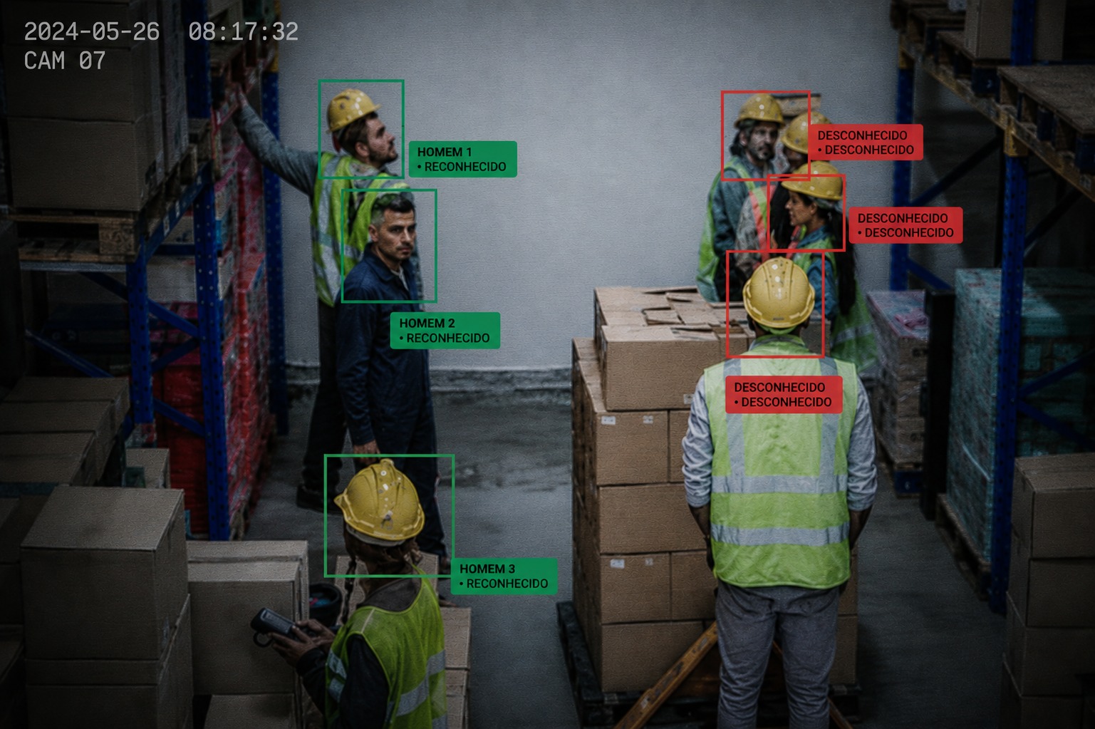 Reconhecimento facial em operação · pessoas reconhecidas em verde e desconhecidas em vermelho, identificadas em tempo real